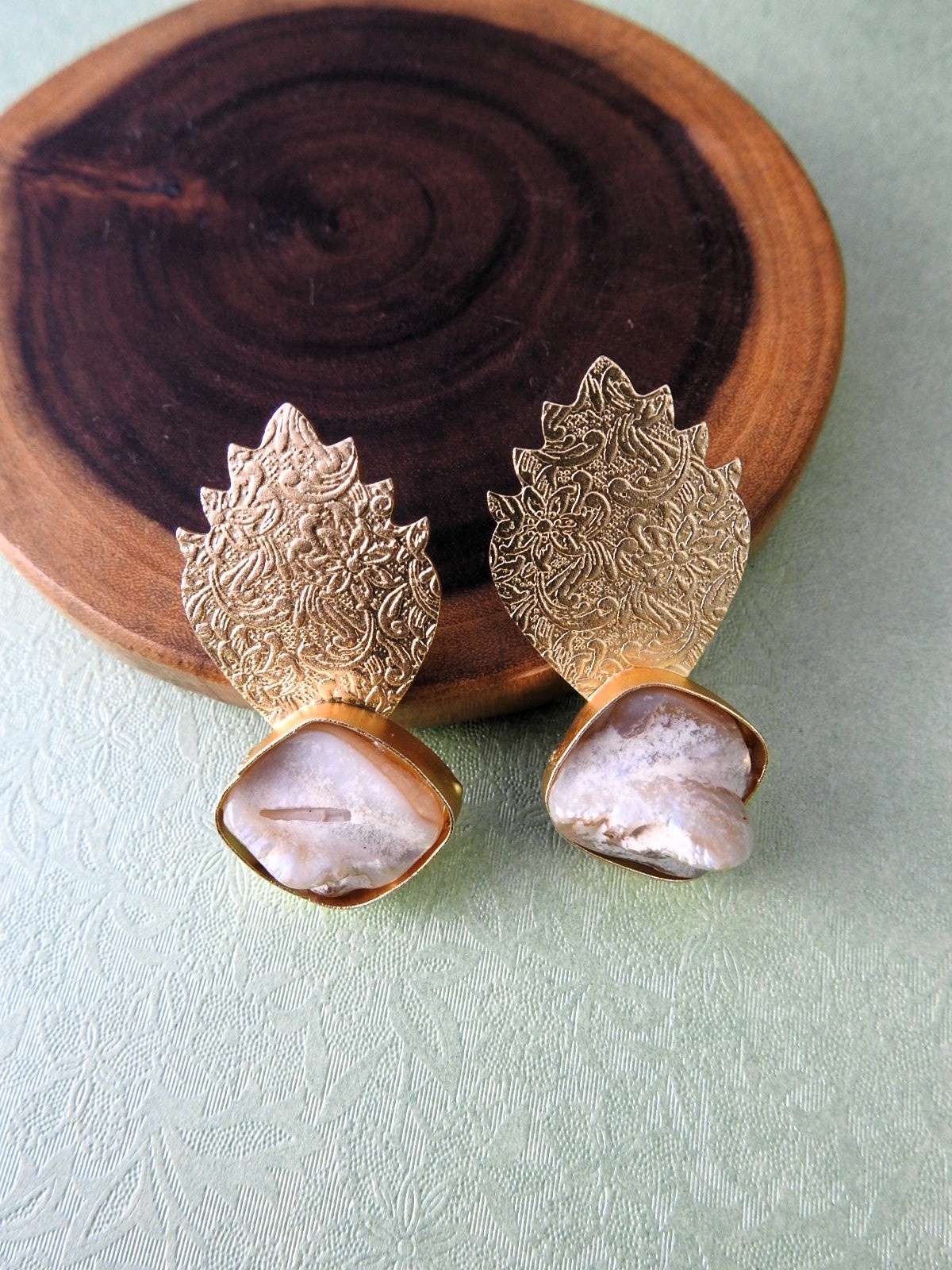 Regal Leaf Embossed Mother of Pearl Statement Earrings