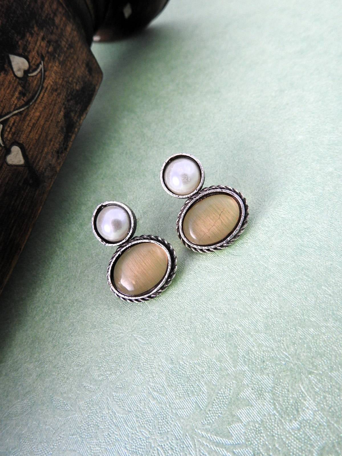 Pearl & Oval Stone Oxidised Stud Earrings