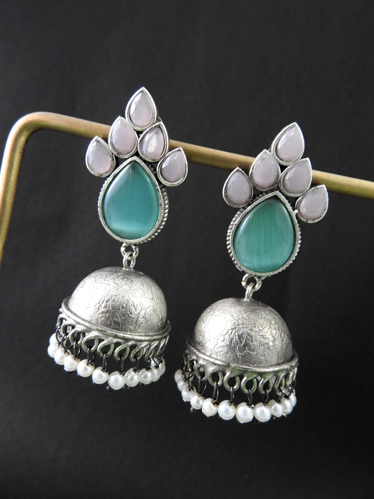 Teardrop Stone Oxidised Jhumka Earrings