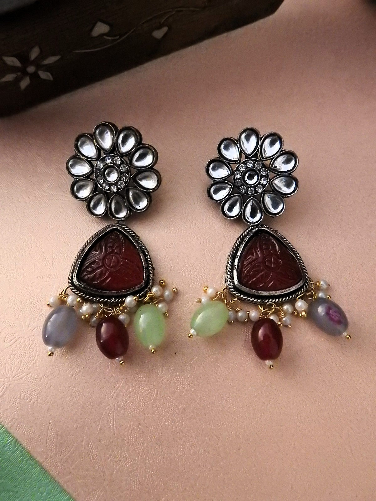 Multi-Color Beaded Necklace Set with Statement Stone Pendant & Earrings