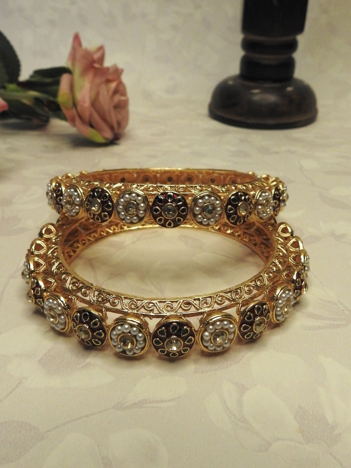 Royal Pearl Bloom Gold Bangle Set