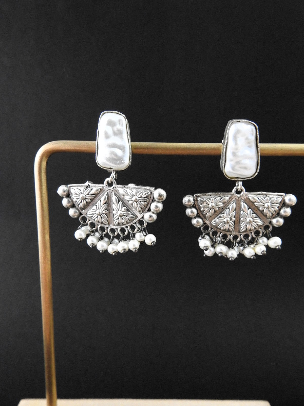 Oxidised Silver Pearl Bloom Earrings