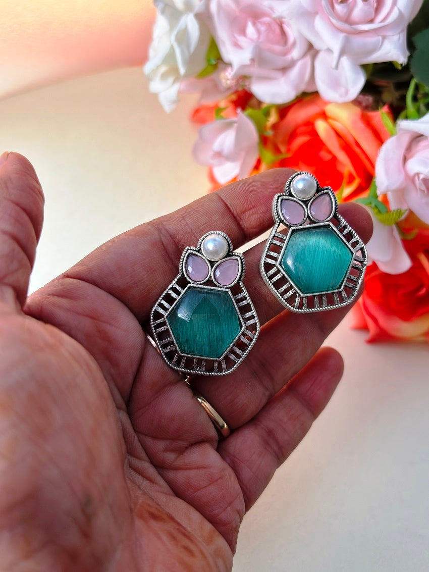 Hexa Bloom Pearl Top Stud Earrings