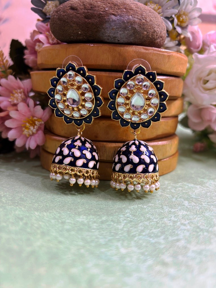 Meenakari Jhumka Earrings with Pearl Drops