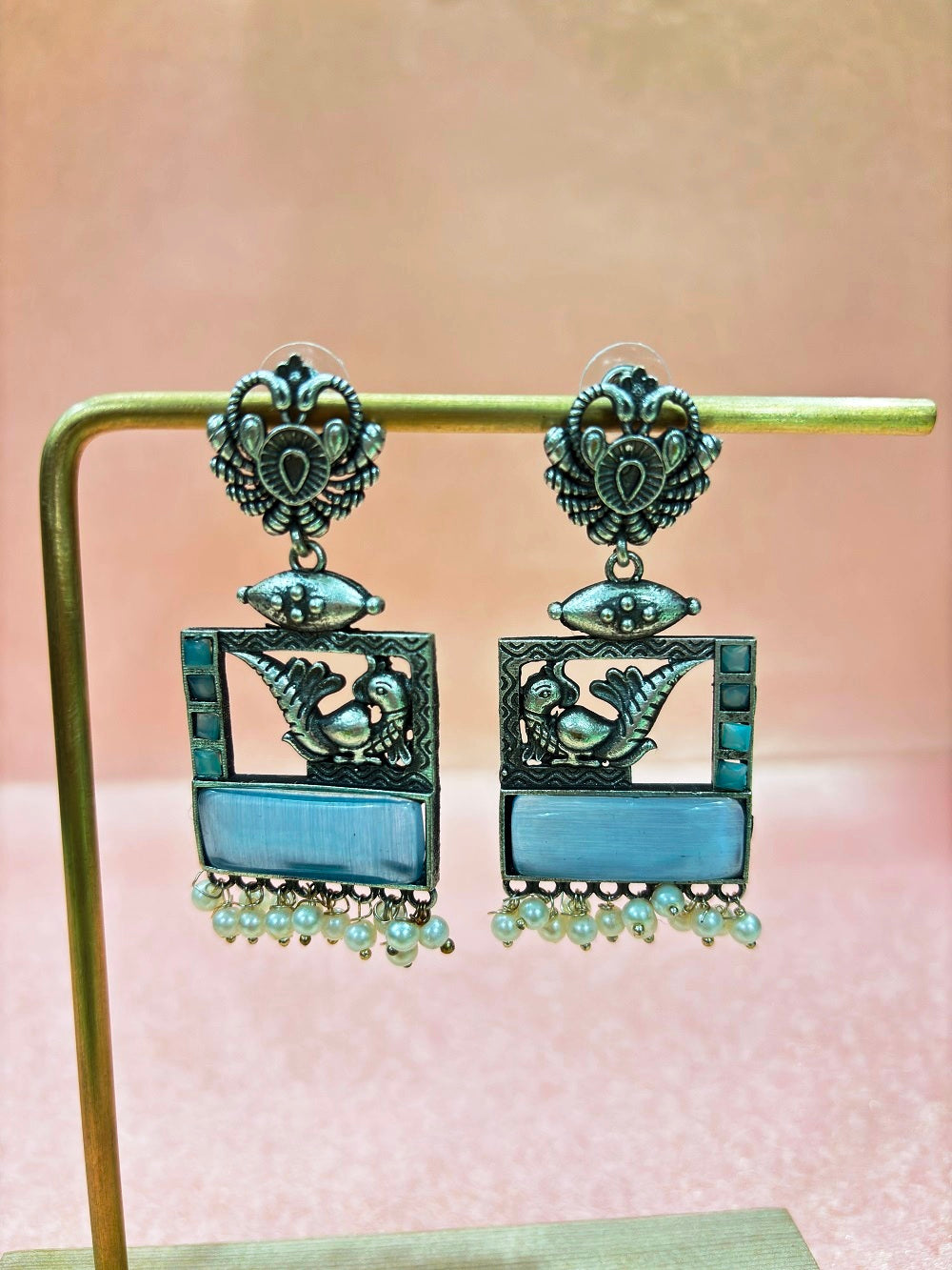 Elegant Oxidised Silver Peacock & Pearl Dangler Earrings