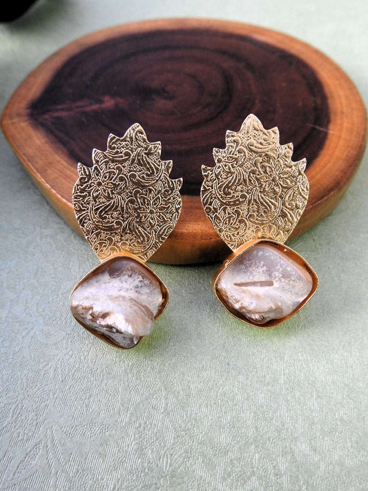 Regal Leaf Embossed Mother of Pearl Statement Earrings