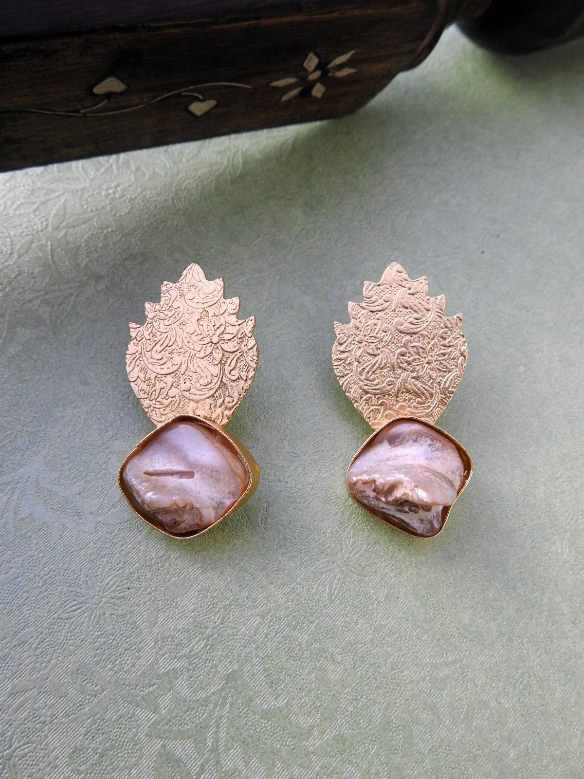 Regal Leaf Embossed Mother of Pearl Statement Earrings