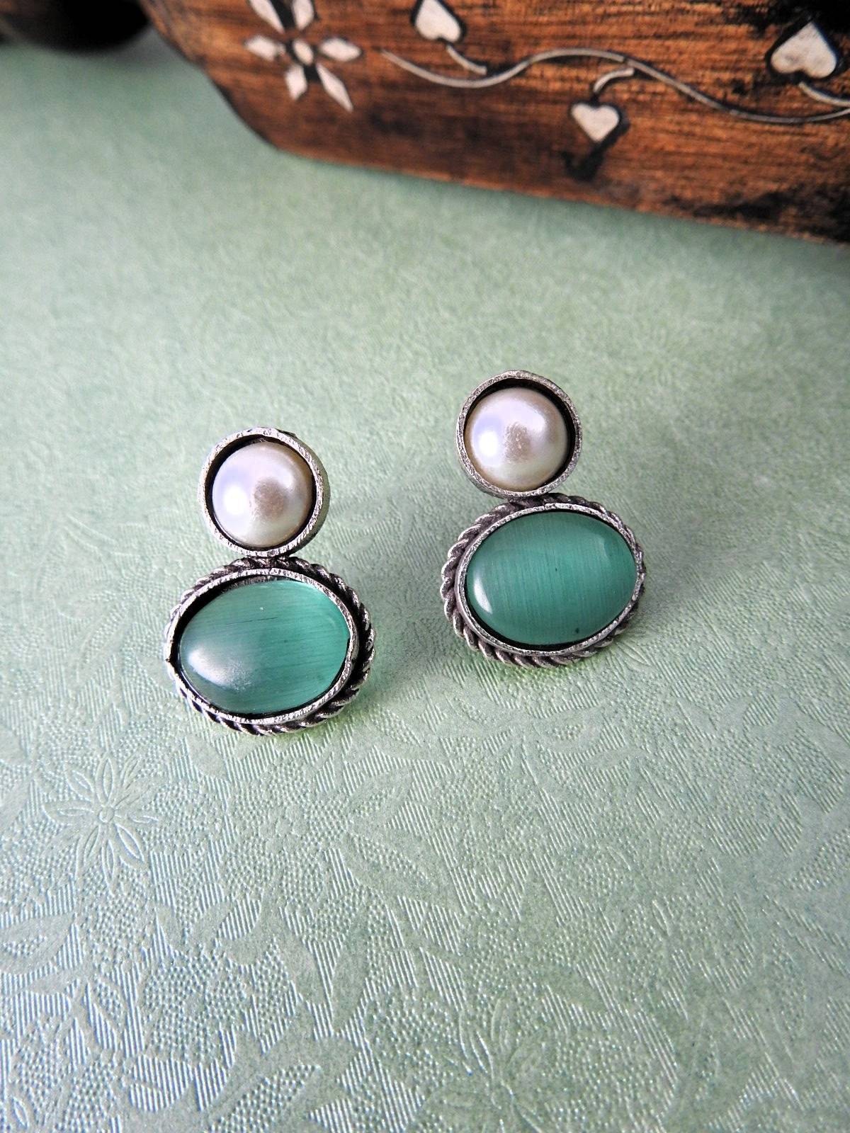 Pearl & Oval Stone Oxidised Stud Earrings