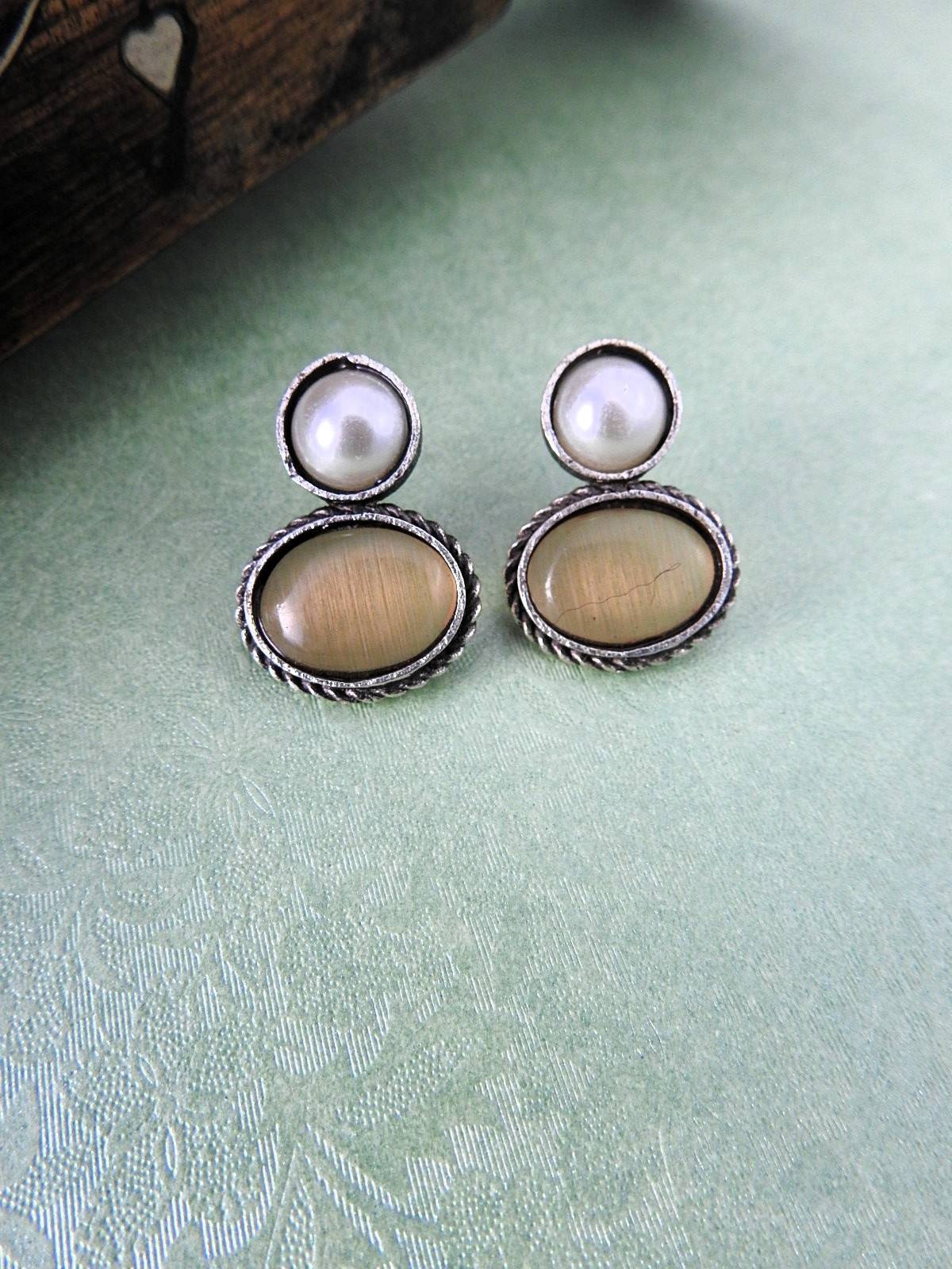 Pearl & Oval Stone Oxidised Stud Earrings