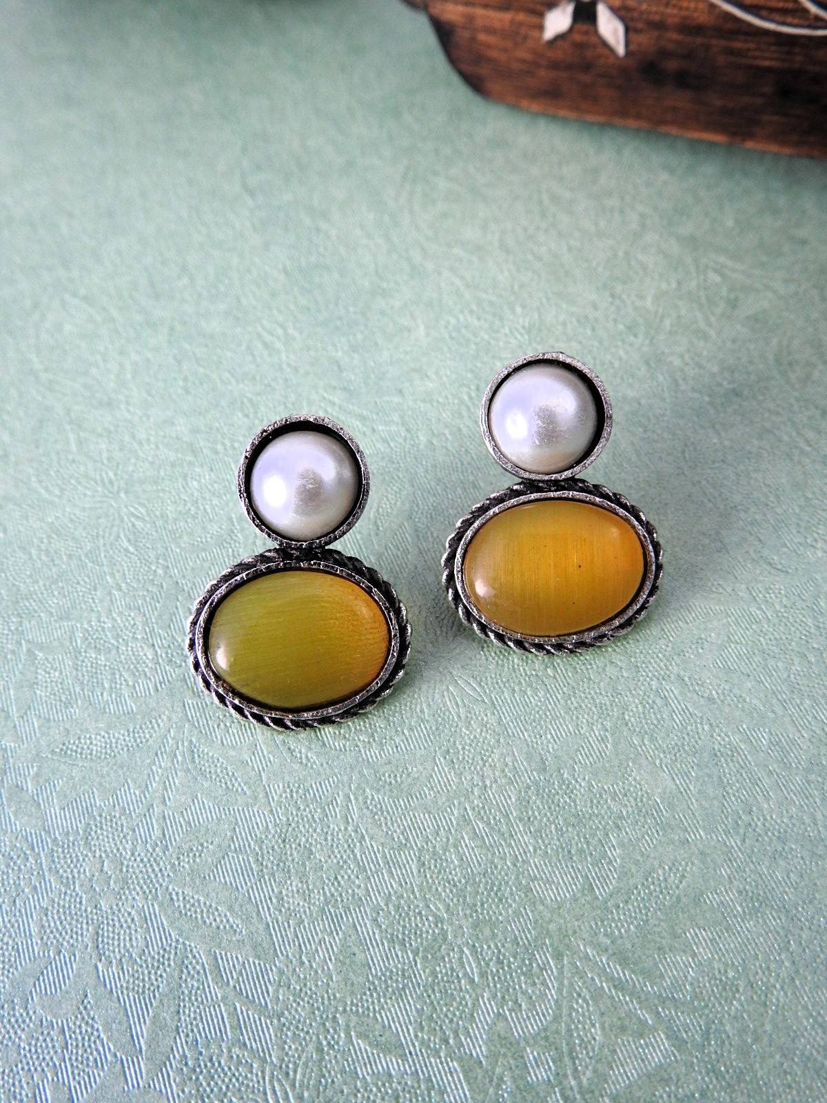 Pearl & Oval Stone Oxidised Stud Earrings