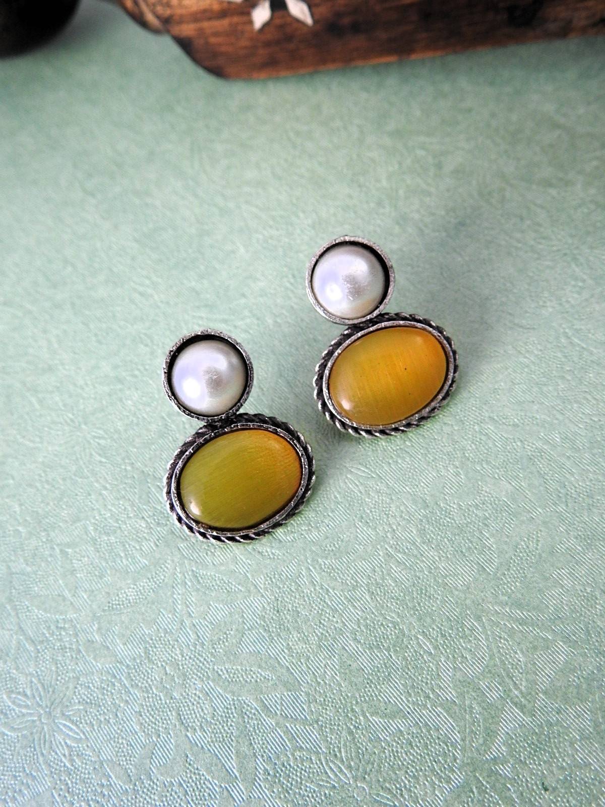 Pearl & Oval Stone Oxidised Stud Earrings