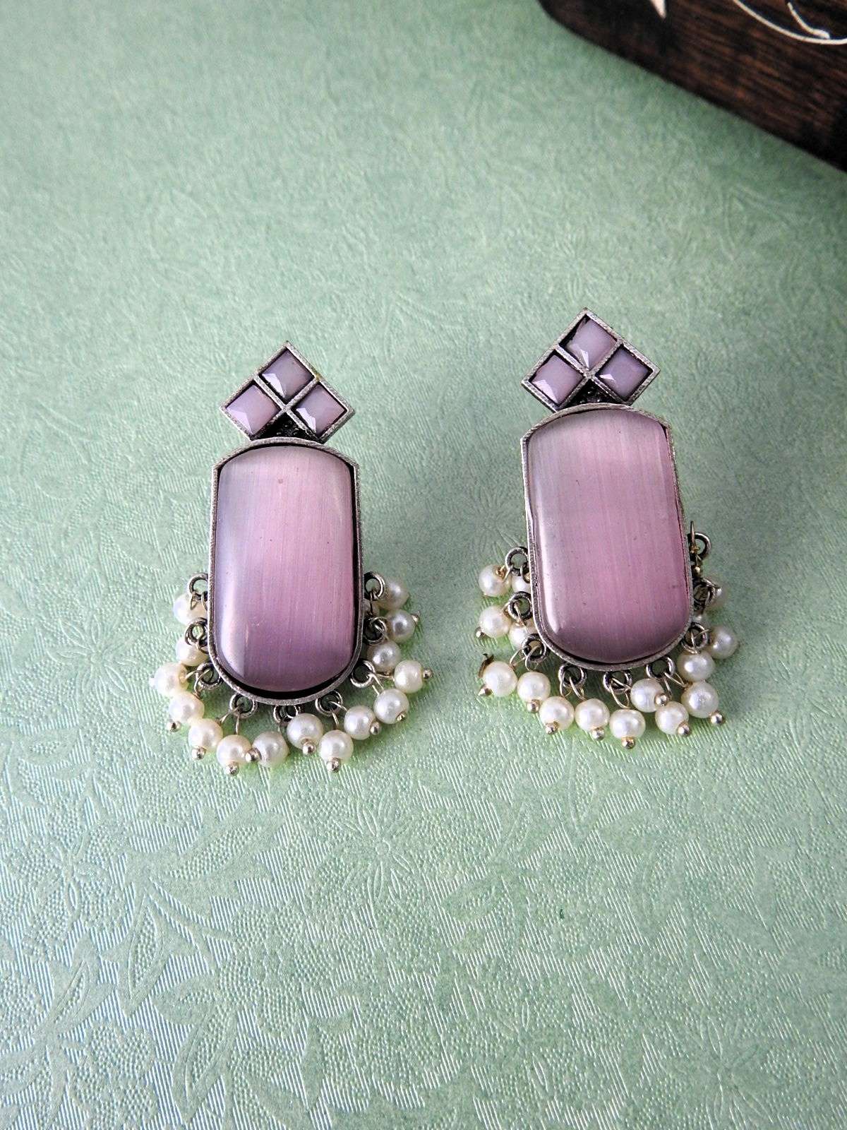 Stone & Pearl Drop Oxidised Statement Earrings