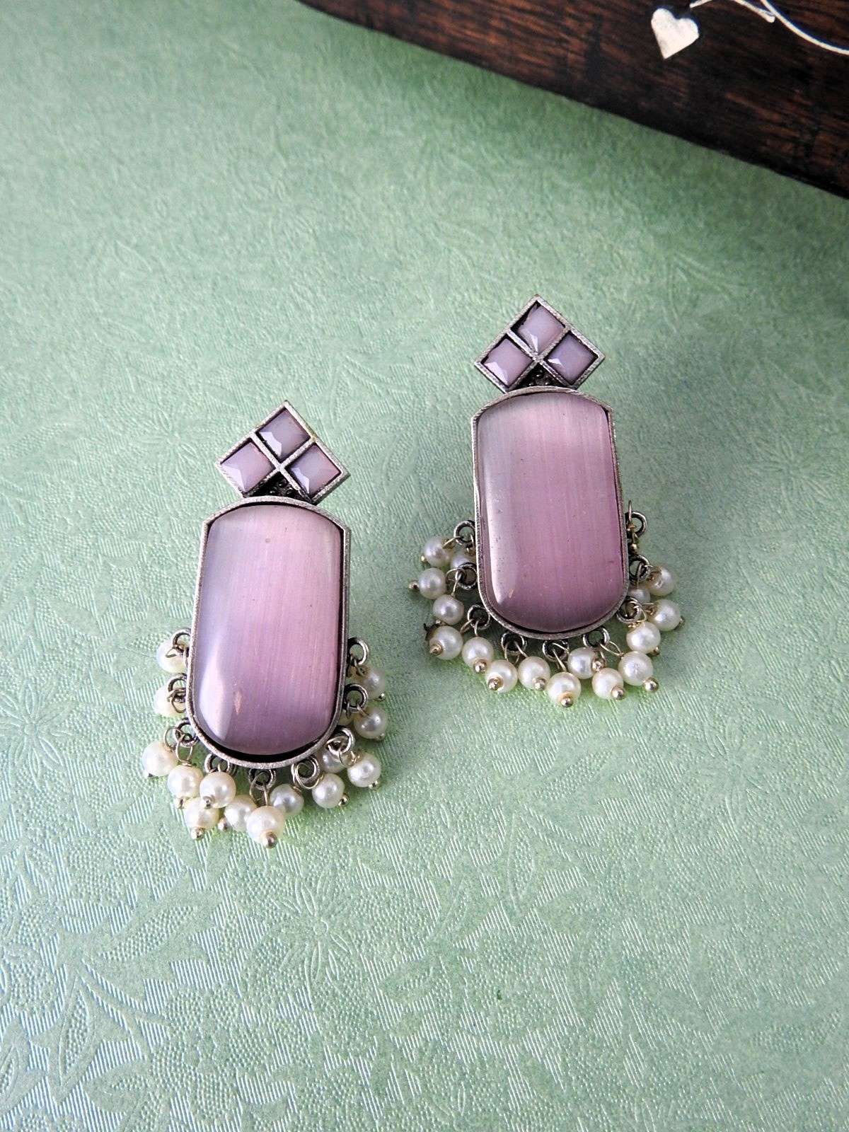 Stone & Pearl Drop Oxidised Statement Earrings