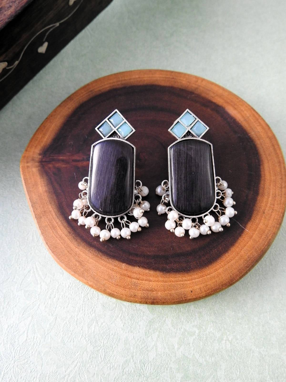 Stone & Pearl Drop Oxidised Statement Earrings
