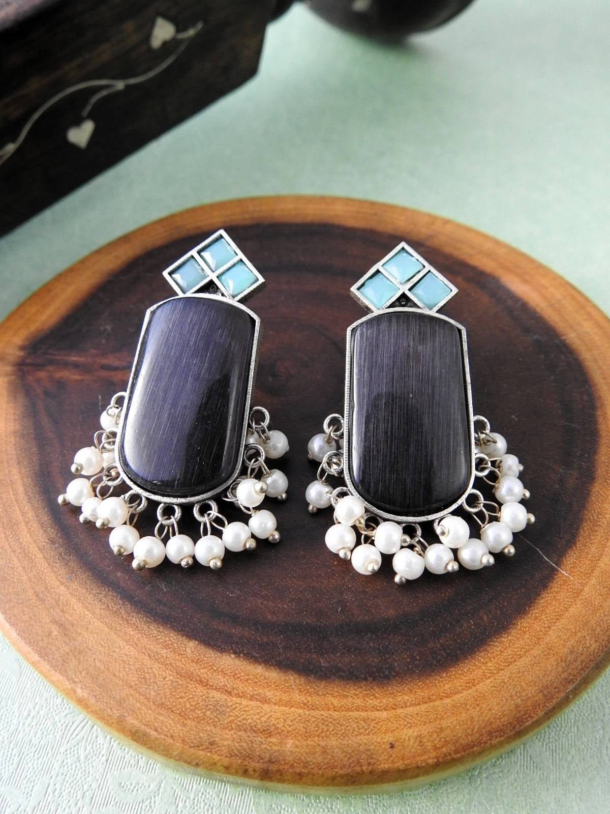 Stone & Pearl Drop Oxidised Statement Earrings