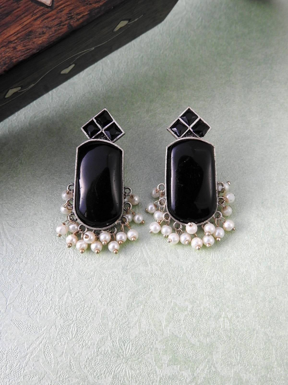 Stone & Pearl Drop Oxidised Statement Earrings
