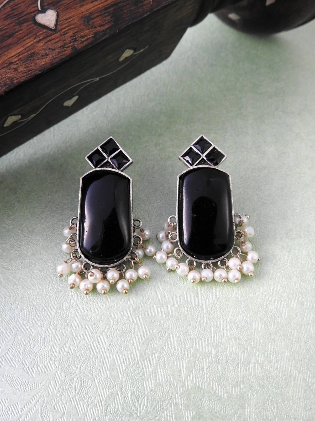 Stone & Pearl Drop Oxidised Statement Earrings