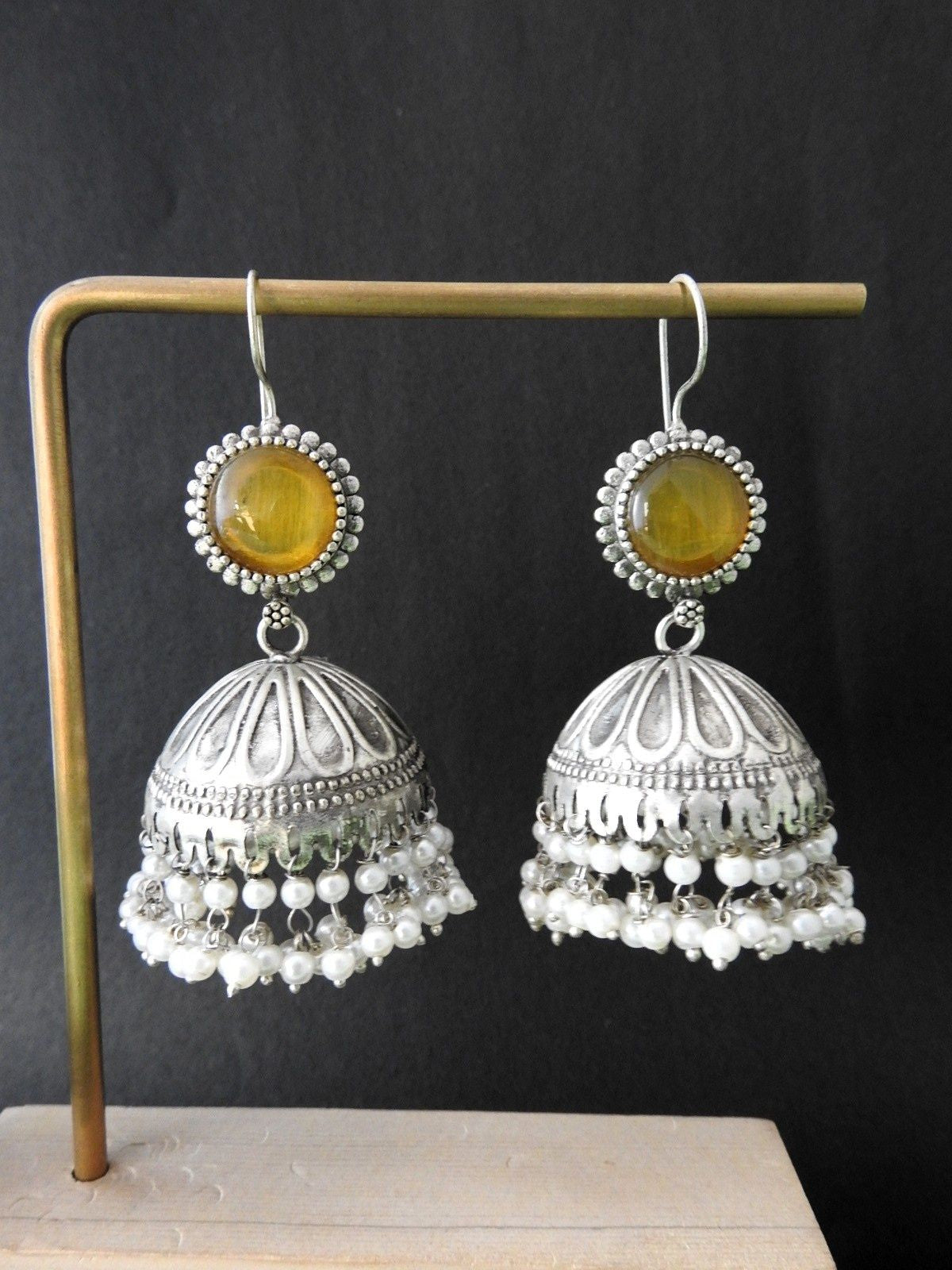 Classic Stone Top Oxidised Jhumka Earrings