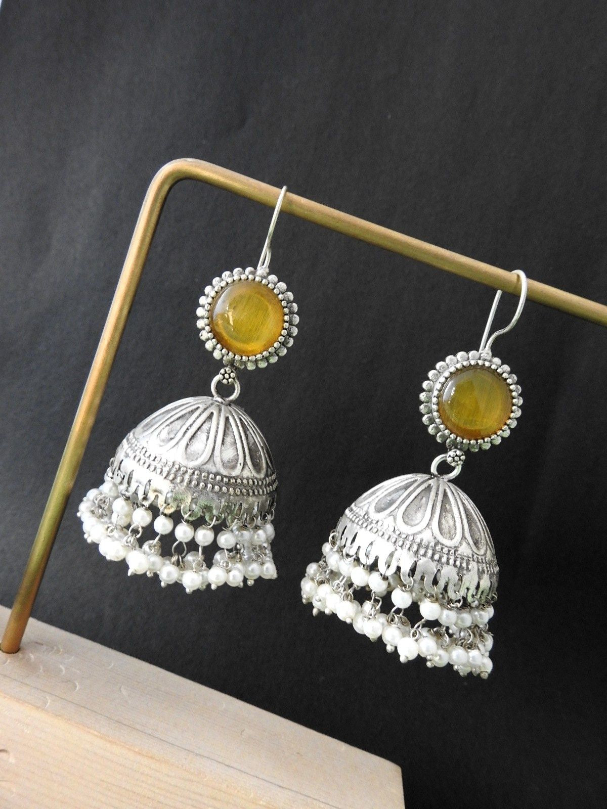 Classic Stone Top Oxidised Jhumka Earrings