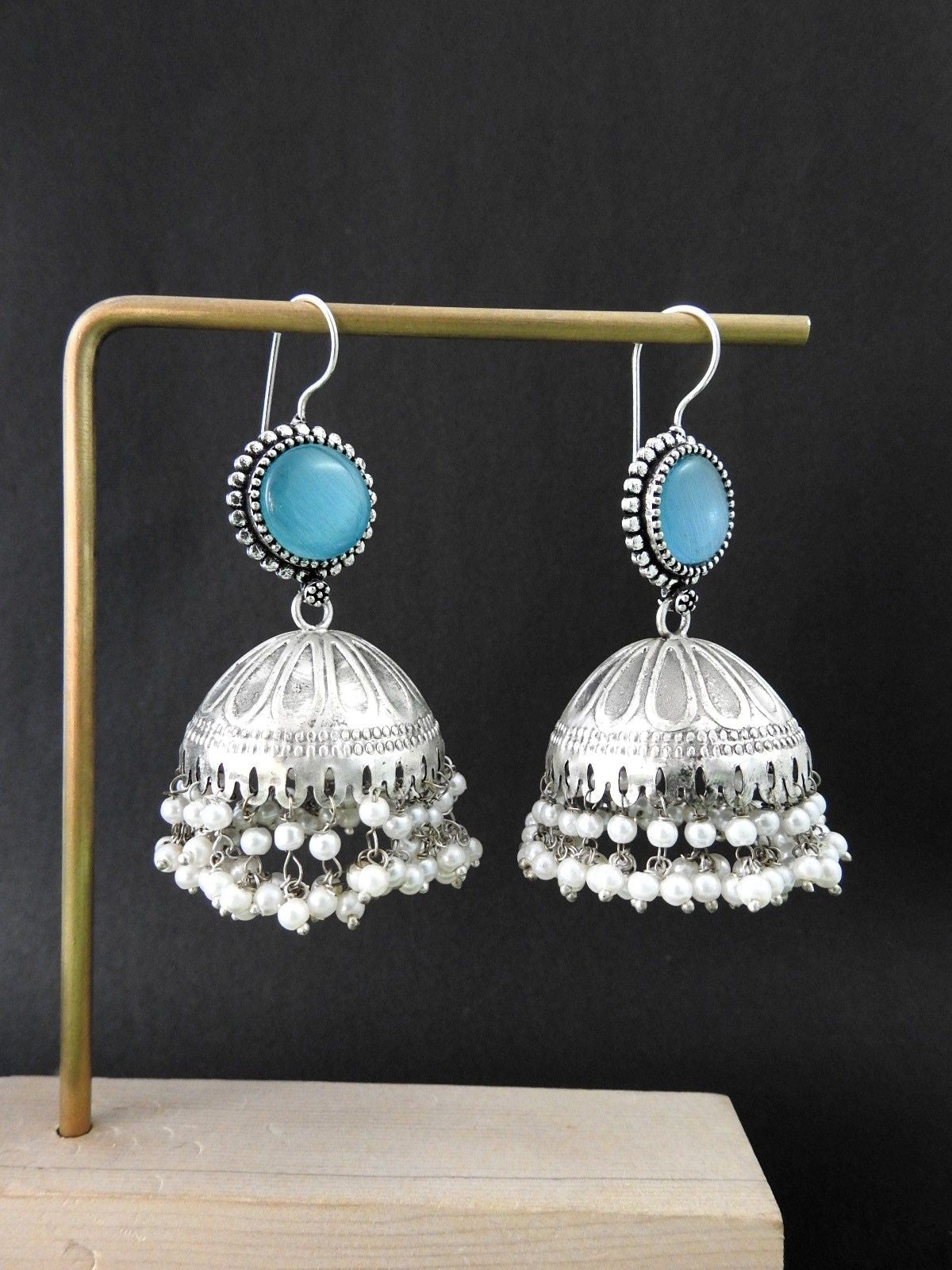 Classic Stone Top Oxidised Jhumka Earrings