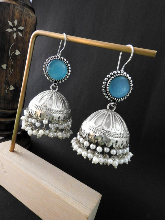 Classic Stone Top Oxidised Jhumka Earrings