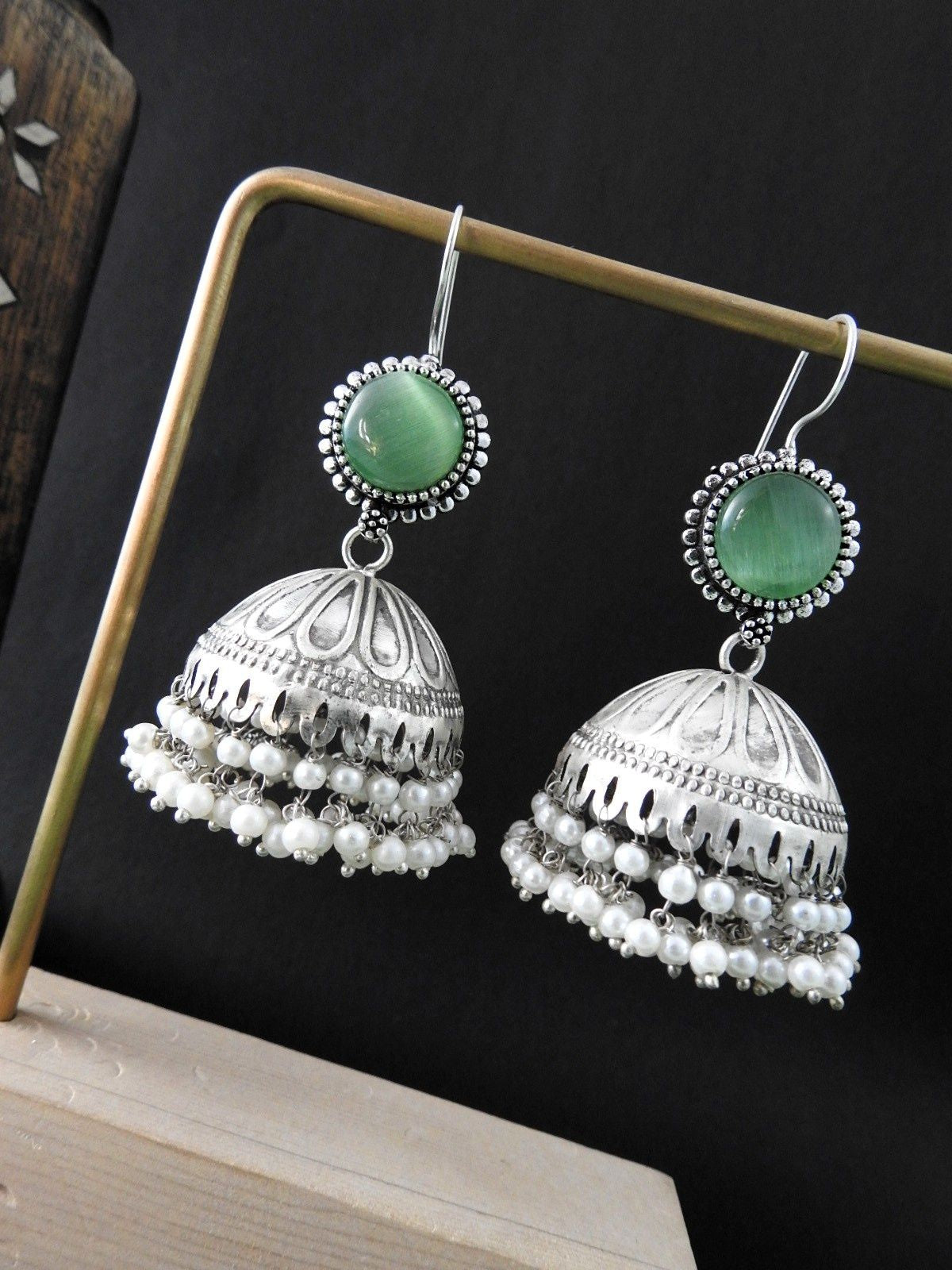 Classic Stone Top Oxidised Jhumka Earrings