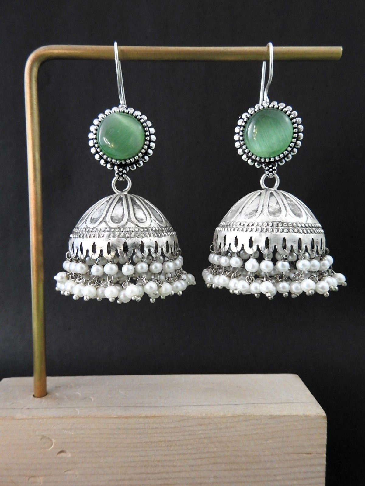 Classic Stone Top Oxidised Jhumka Earrings