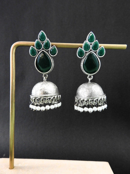 Teardrop Stone Oxidised Jhumka Earrings