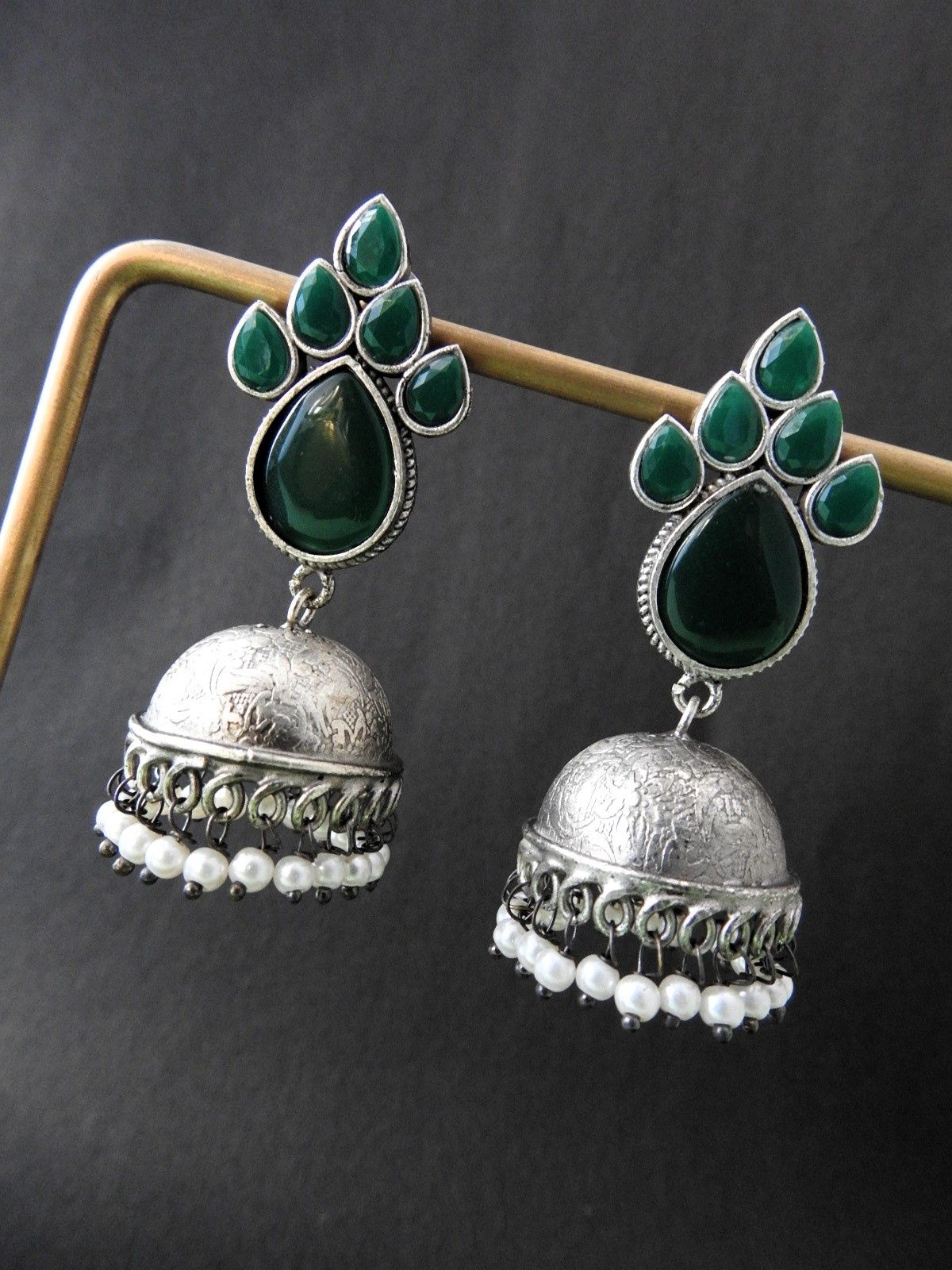 Teardrop Stone Oxidised Jhumka Earrings
