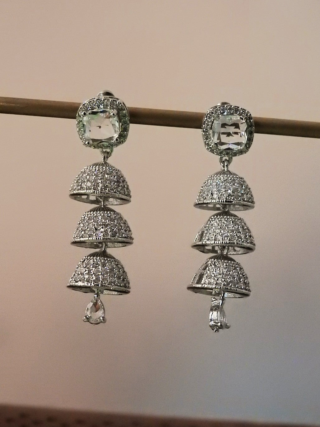 Triple Layer AD Earrings with Stone Stud