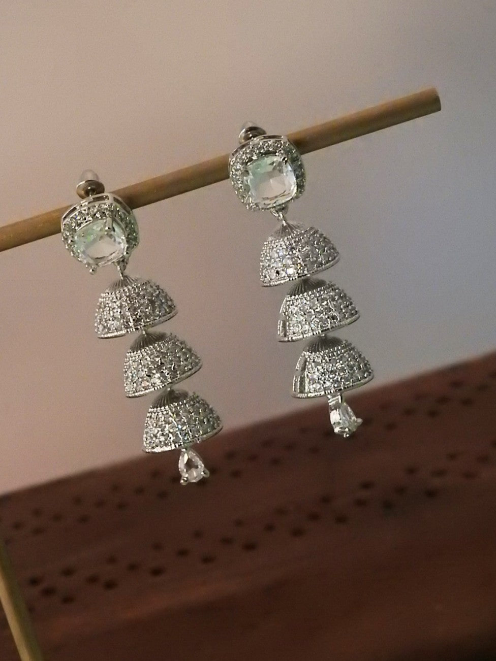 Triple Layer AD Earrings with Stone Stud