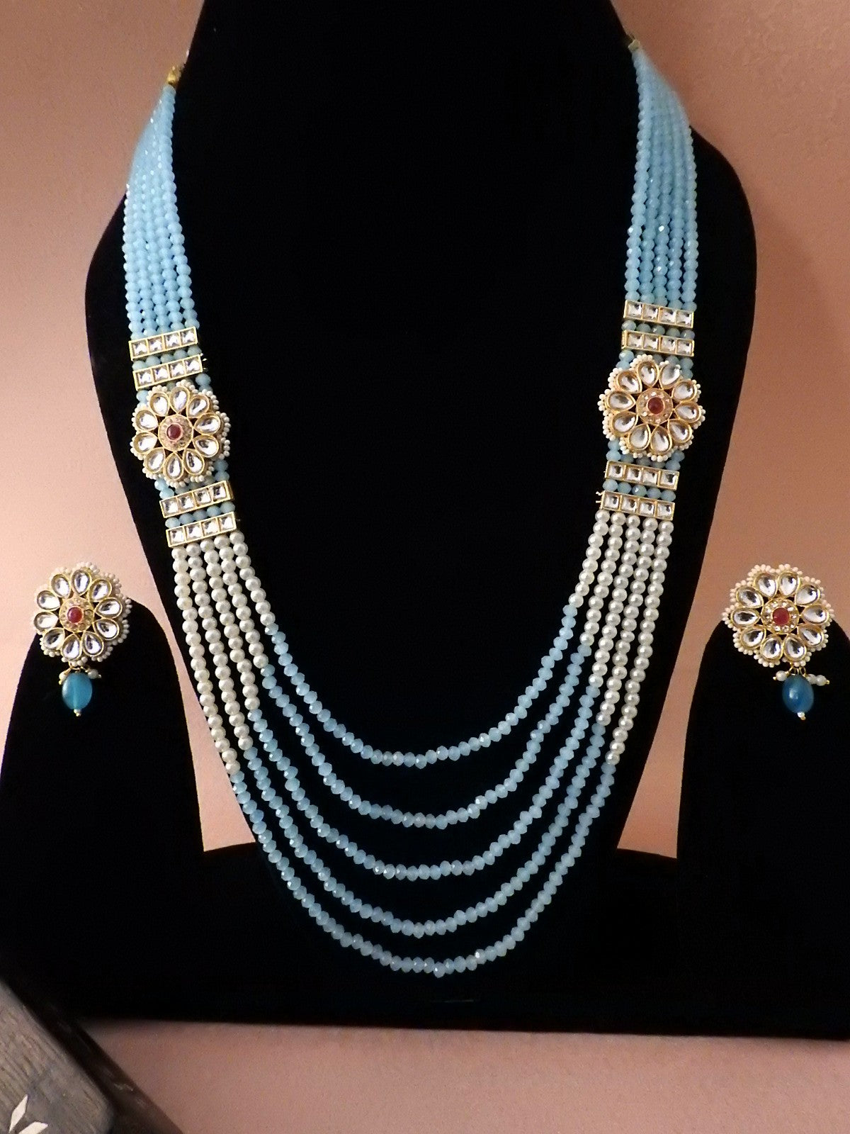 Multi-Layer Beaded Polki Necklace Set with Floral Centerpiece