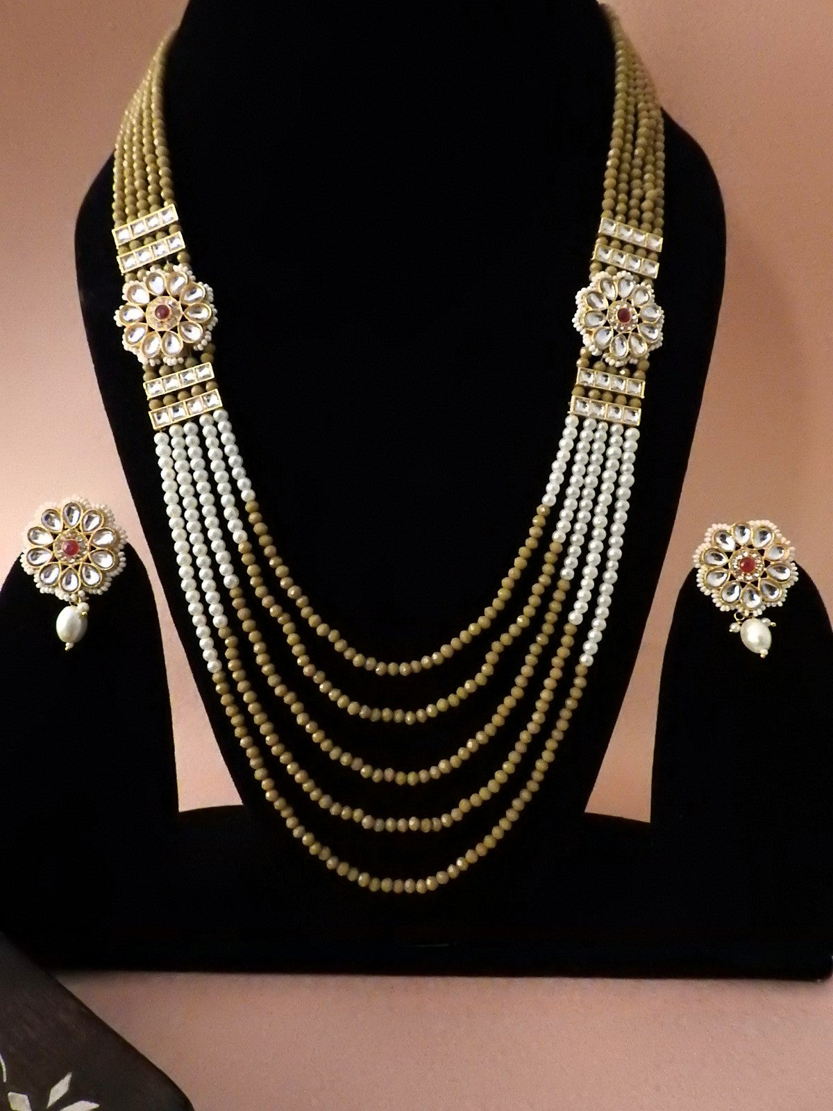 Multi-Layer Beaded Polki Necklace Set with Floral Centerpiece