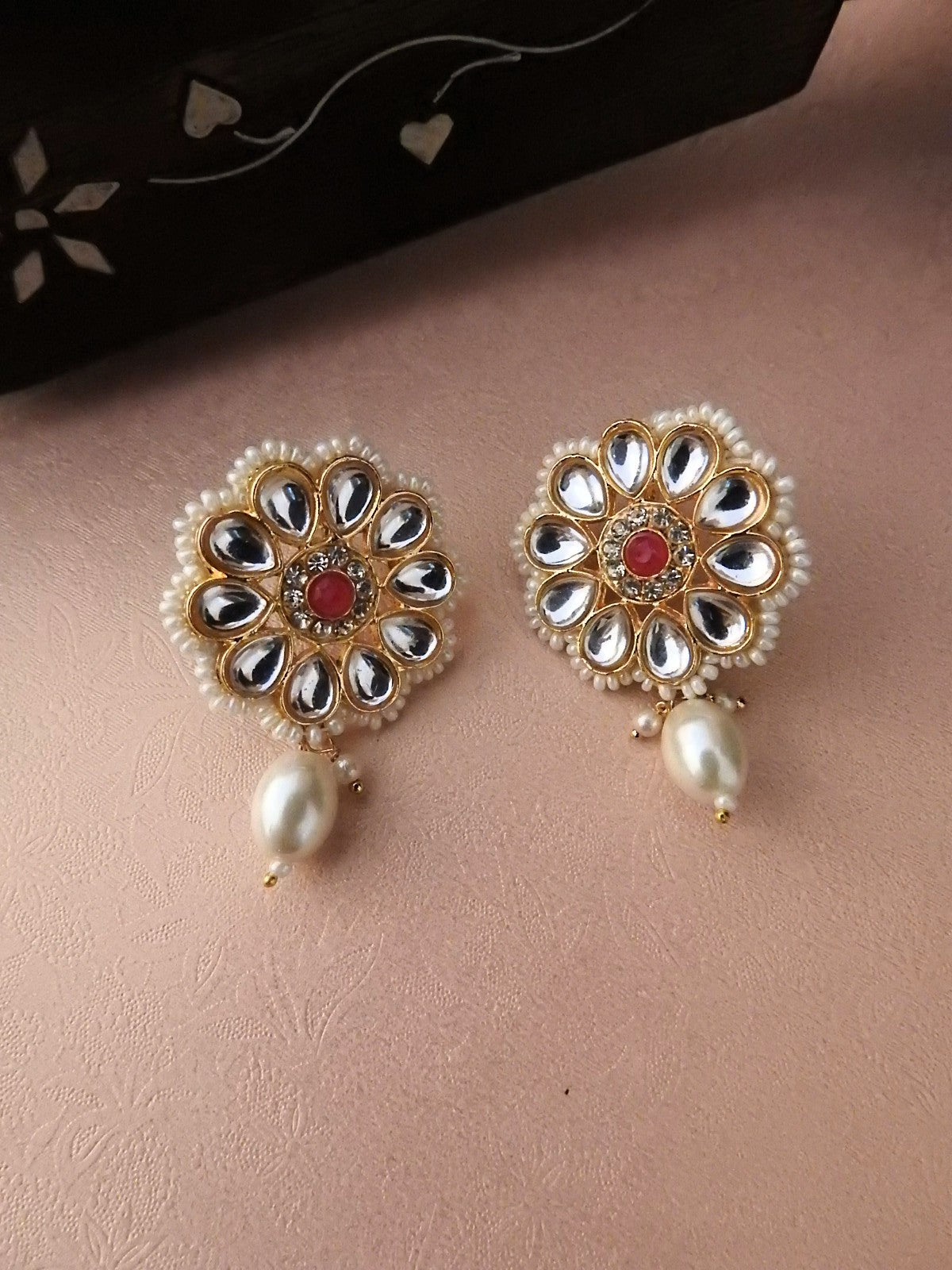 Multi-Layer Beaded Polki Necklace Set with Floral Centerpiece