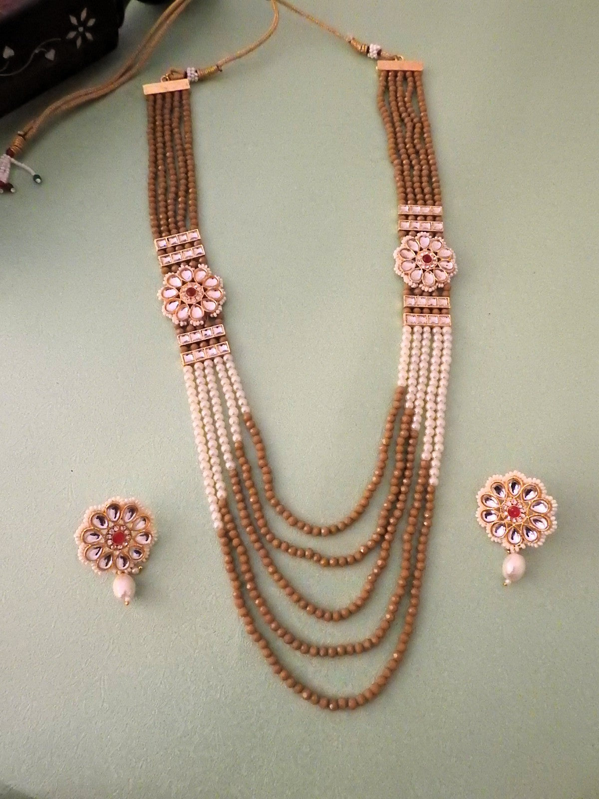 Multi-Layer Beaded Polki Necklace Set with Floral Centerpiece
