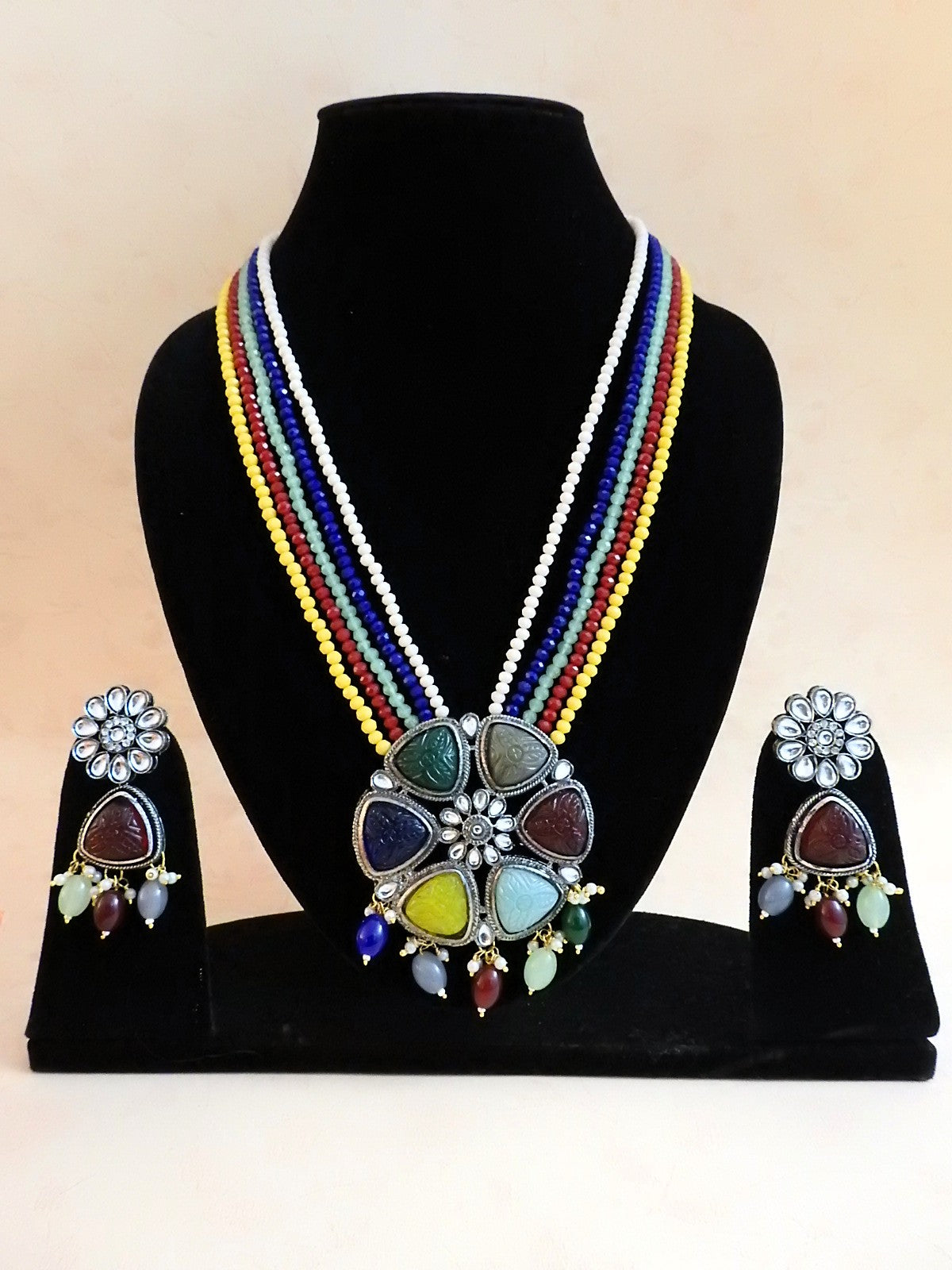 Multi-Color Beaded Necklace Set with Statement Stone Pendant & Earrings