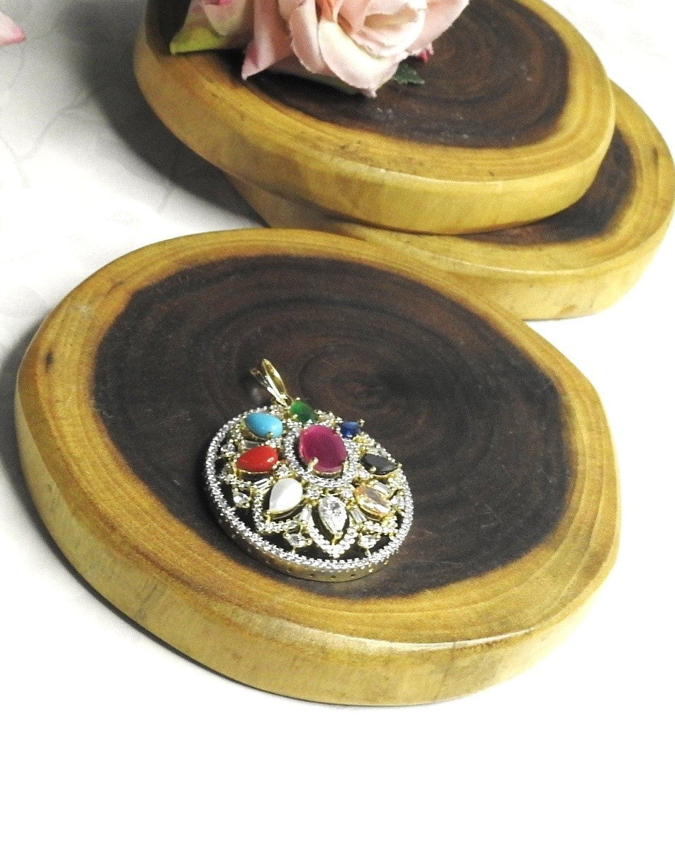 Classic Navratna Round Pendant Set