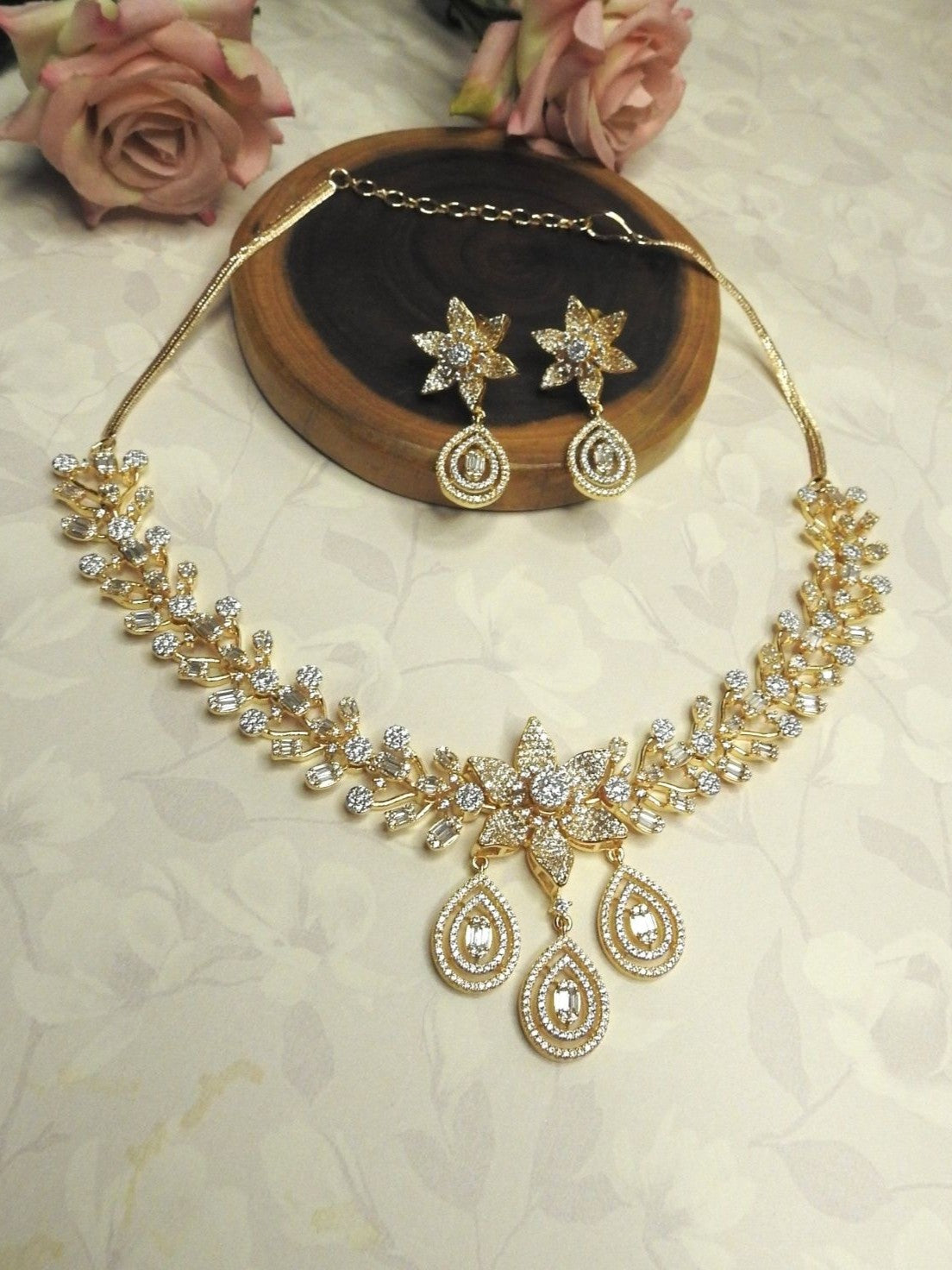 Golden Bloom CZ Necklace Set
