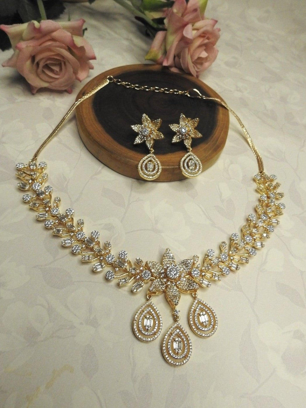 Golden Bloom CZ Necklace Set