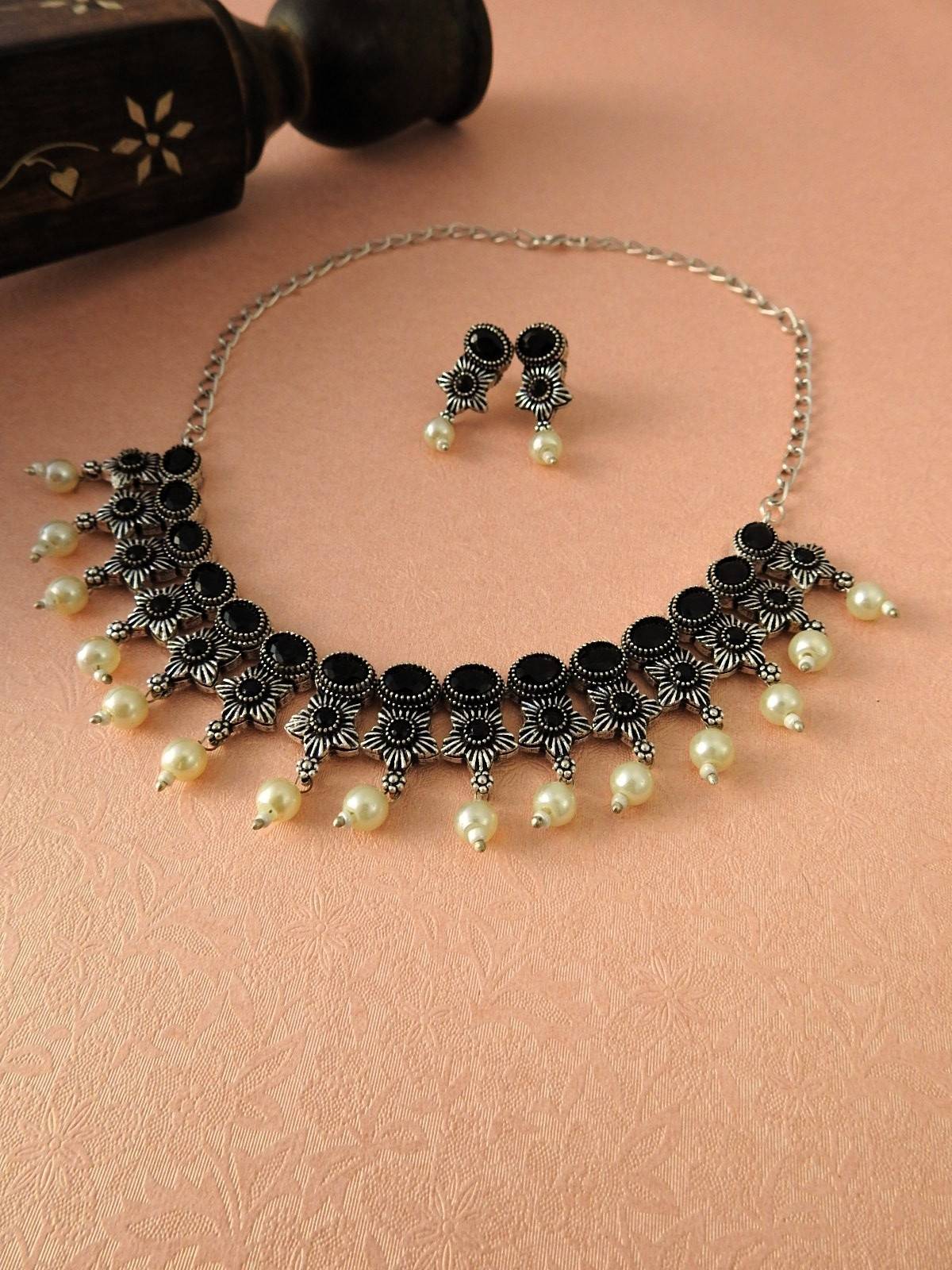 Midnight Pearl Oxidised Necklace Set