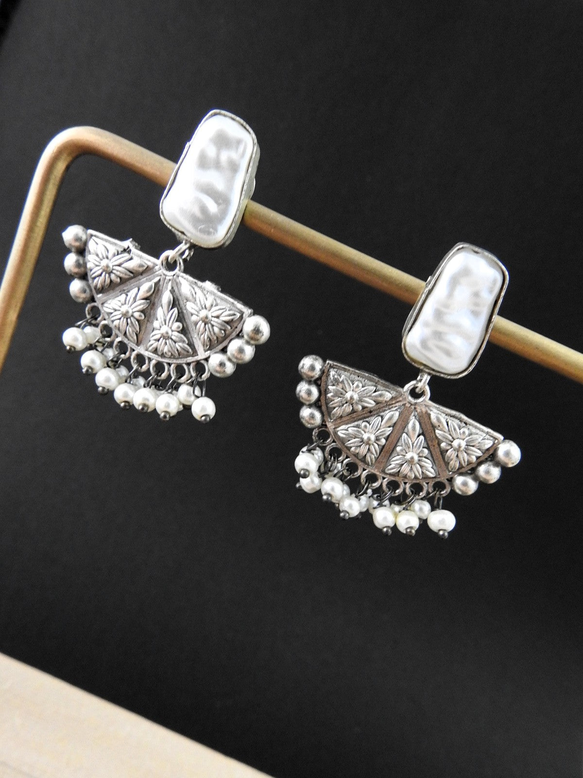 Oxidised Silver Pearl Bloom Earrings