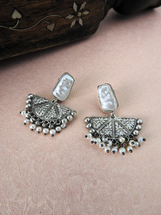 Oxidised Silver Pearl Bloom Earrings