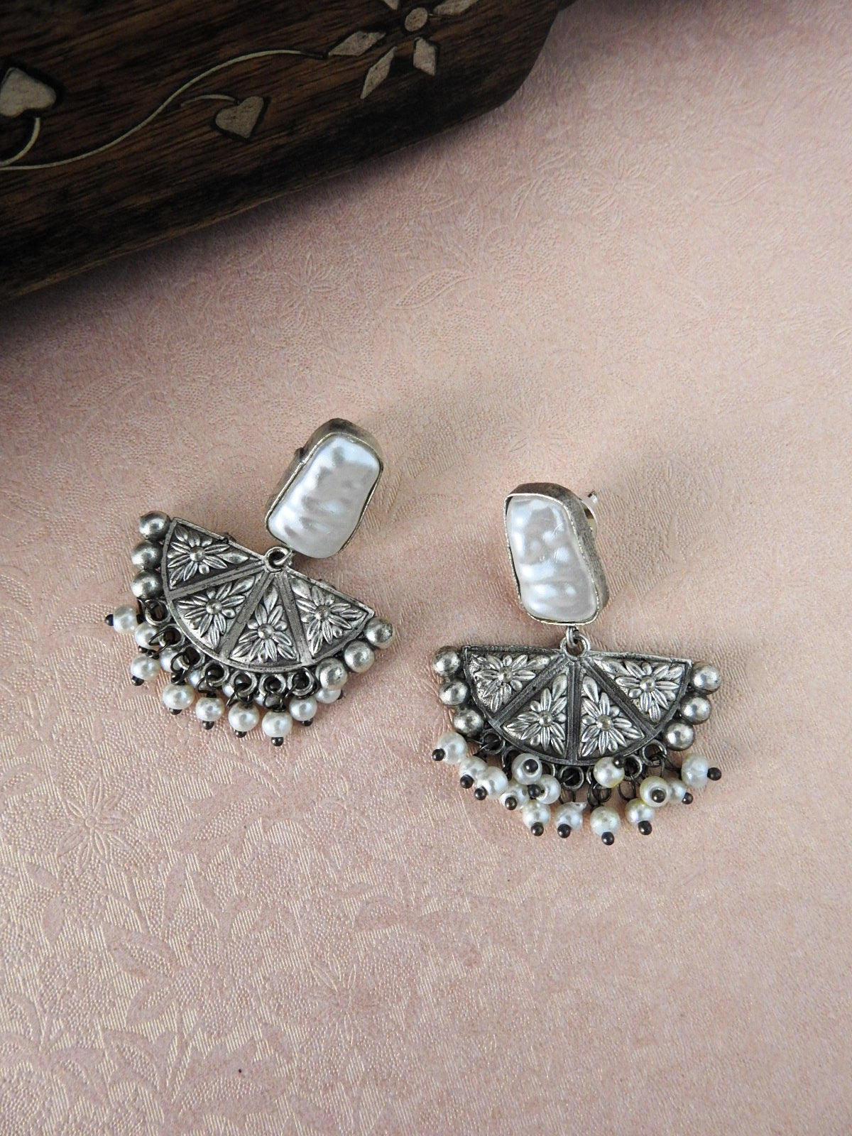 Oxidised Silver Pearl Bloom Earrings