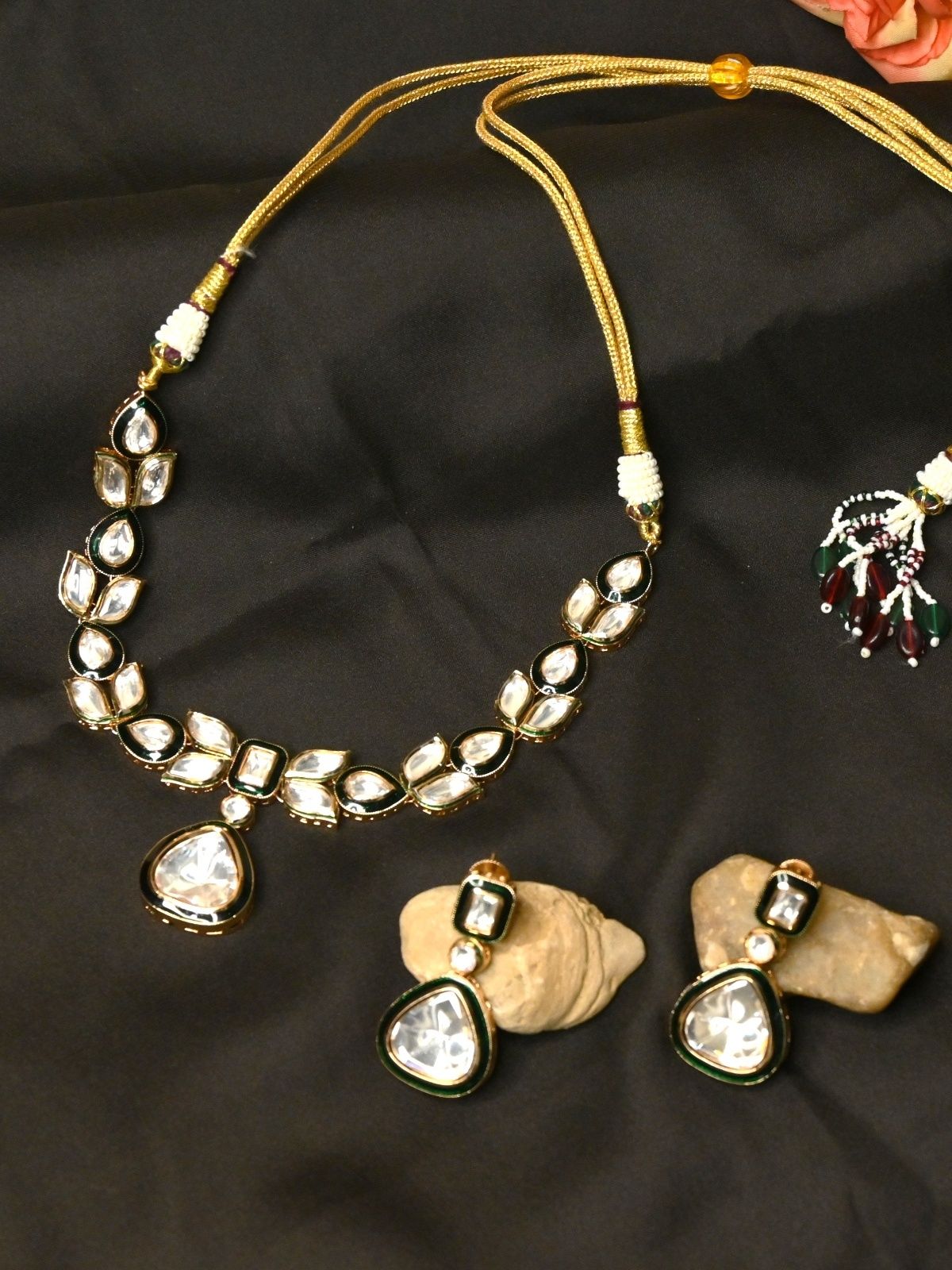 Dark Green Kundan Drop Necklace Set