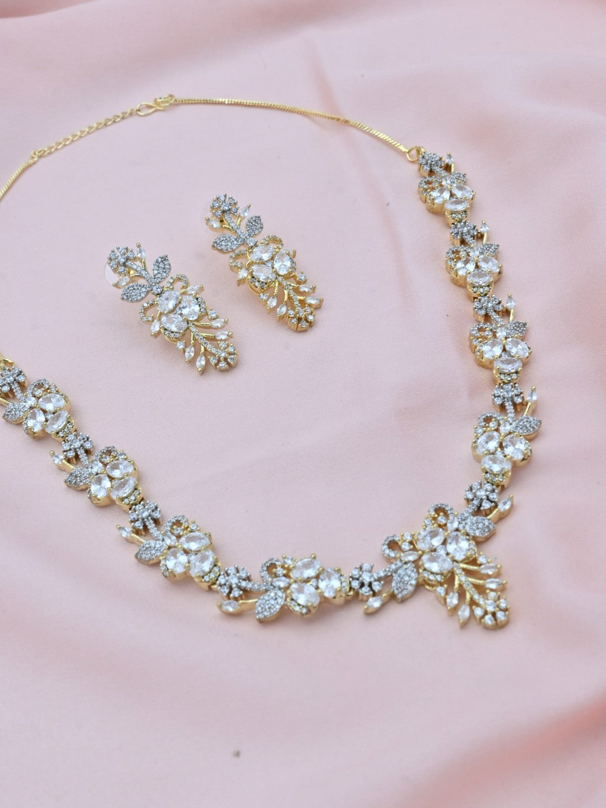 Floral Leaf American Diamond Necklace Set