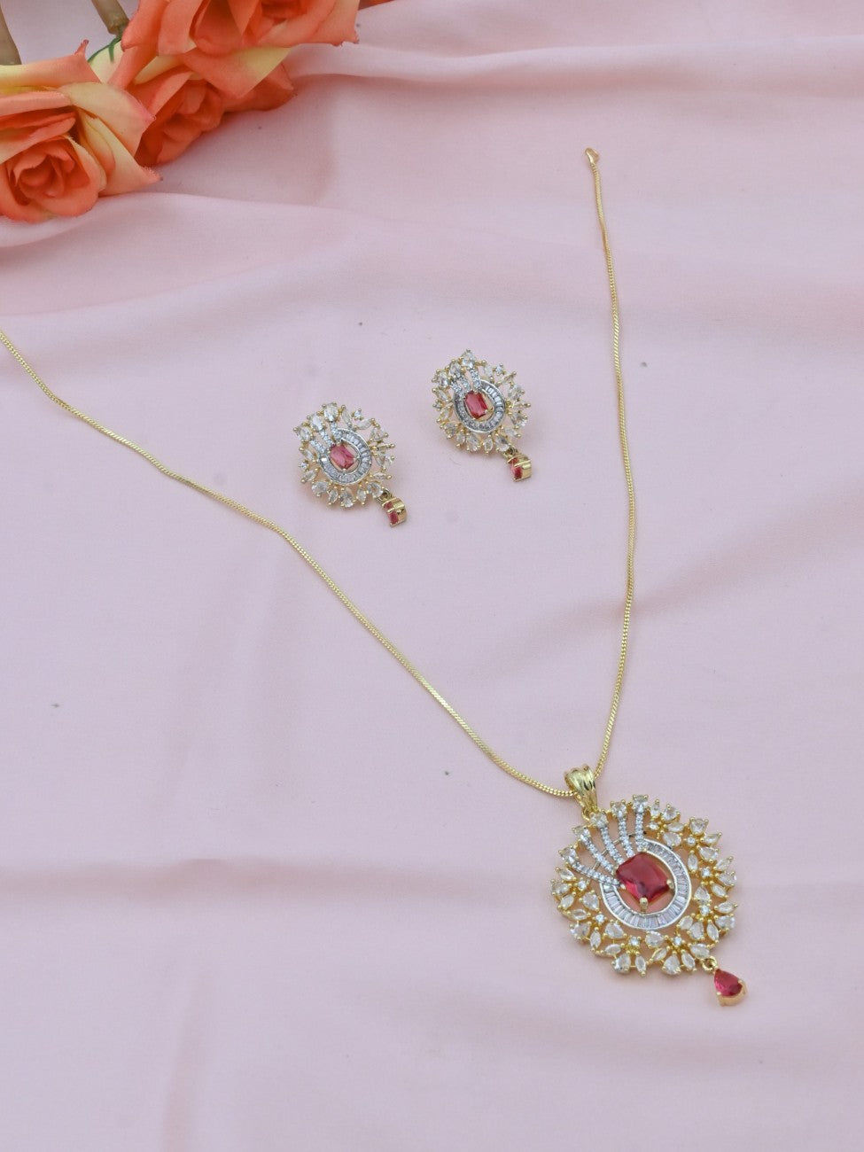 Radiant Floral Drop American Diamond Pendant Set