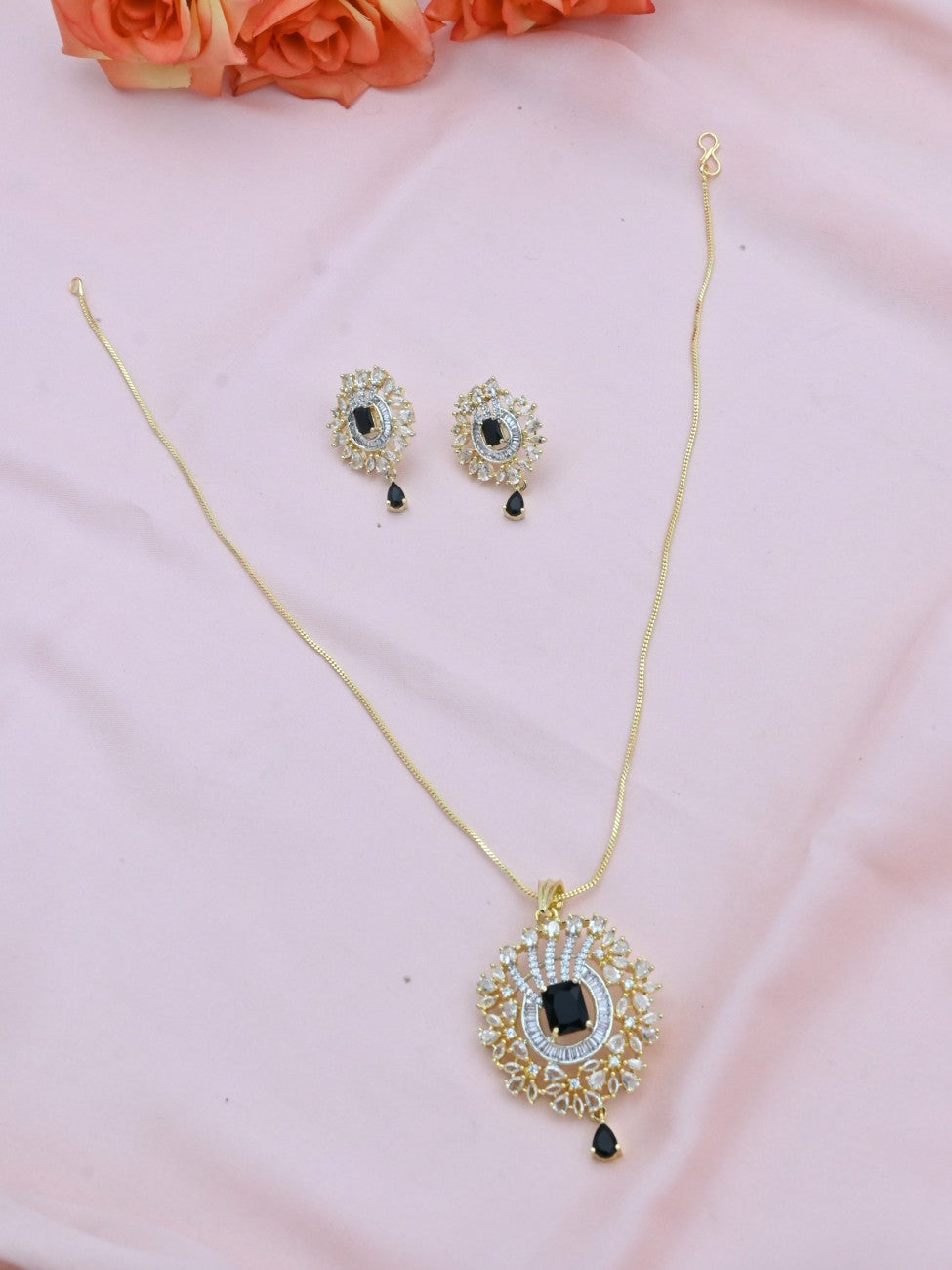 Radiant Floral Drop American Diamond Pendant Set