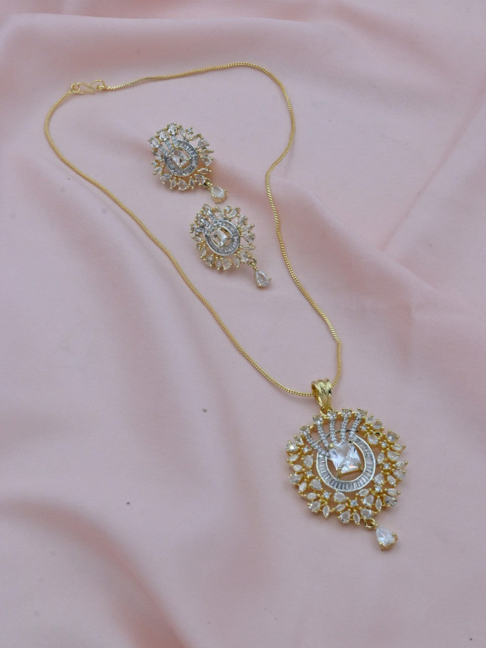 Radiant Floral Drop American Diamond Pendant Set