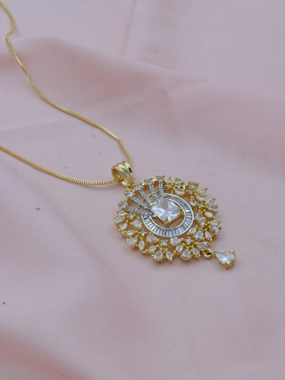Radiant Floral Drop American Diamond Pendant Set