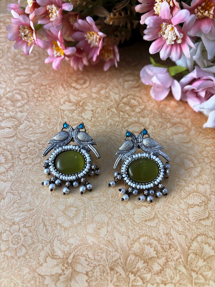 Bird Motif Oxidised Earrings with Pearl Drops